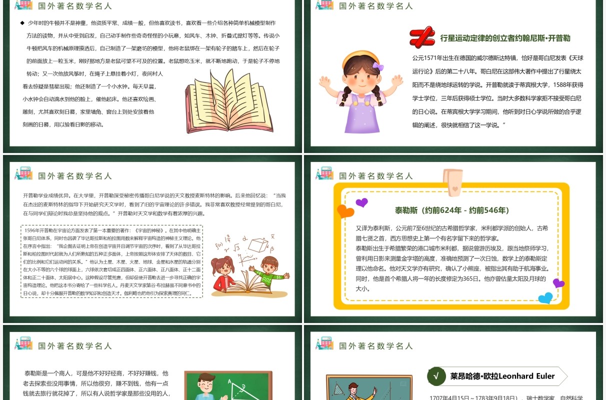 绿色卡通数学名人介绍PPT模板