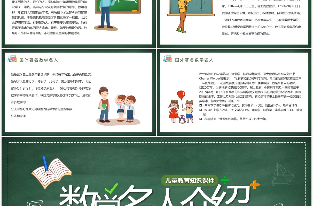 绿色卡通数学名人介绍PPT模板
