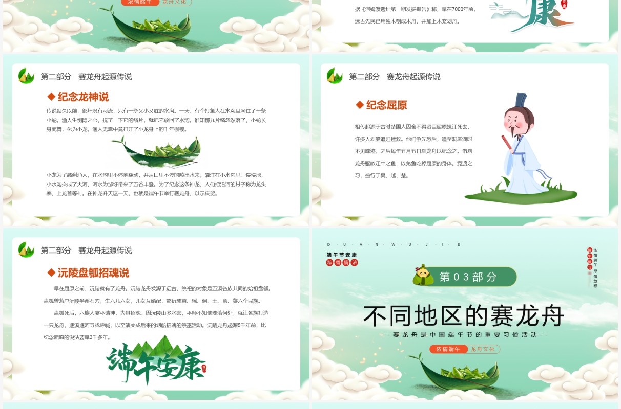 绿色中国风端午节赛龙舟文化习俗PPT模板