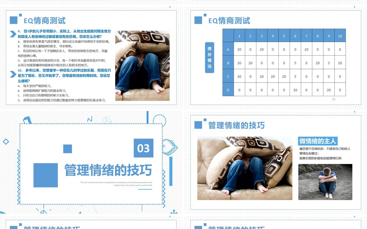 简约蓝色企业员工管理心态培训自我情绪管理PPT模板