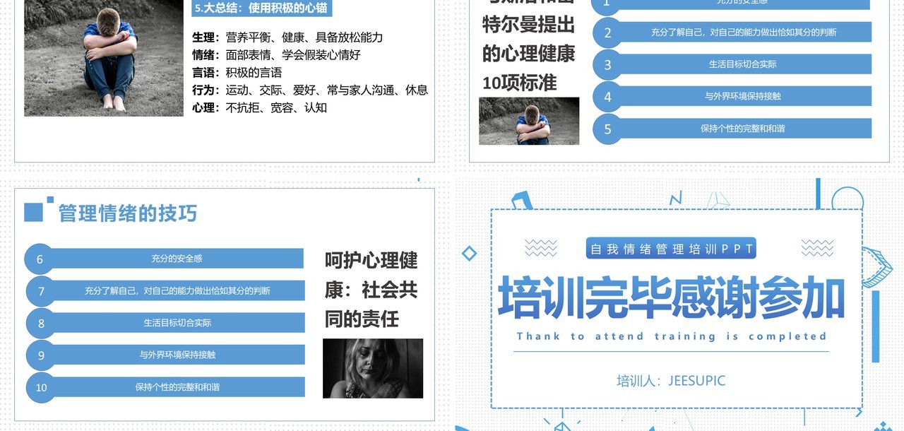简约蓝色企业员工管理心态培训自我情绪管理PPT模板