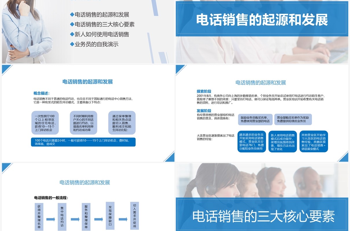 蓝色简约保险电话销售技巧的威力培训PPT模板