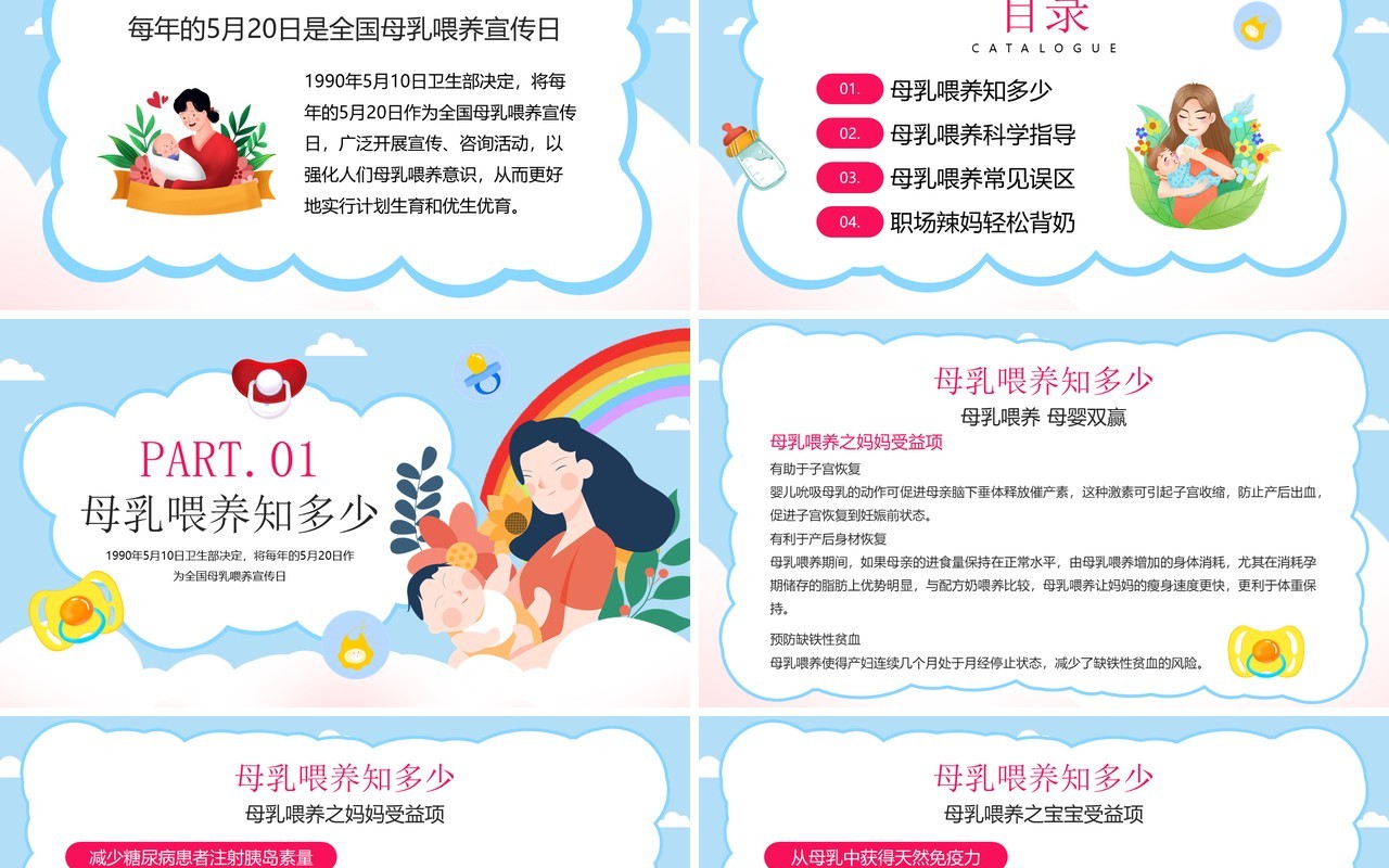 蓝色插画风520母乳喂养日介绍PPT模板