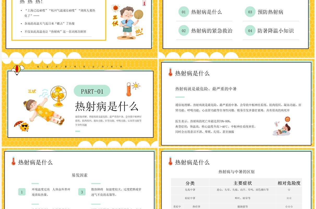 黄色卡通风热射病科普宣传PPT模板