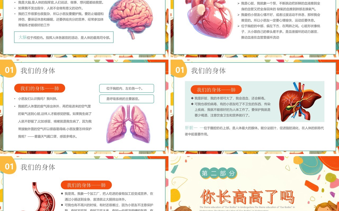 橙色卡通风介绍我们的身体幼儿园主题课件PPT模板