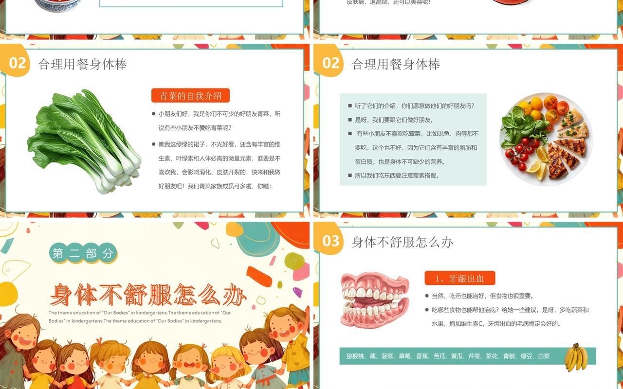 橙色卡通风介绍我们的身体幼儿园主题课件PPT模板