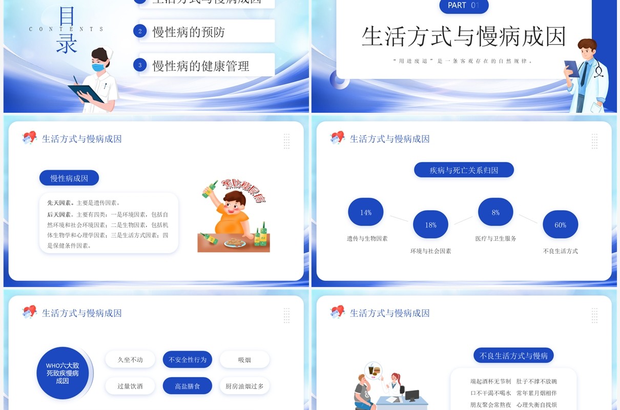 蓝色插画风慢性病预防PPT模板