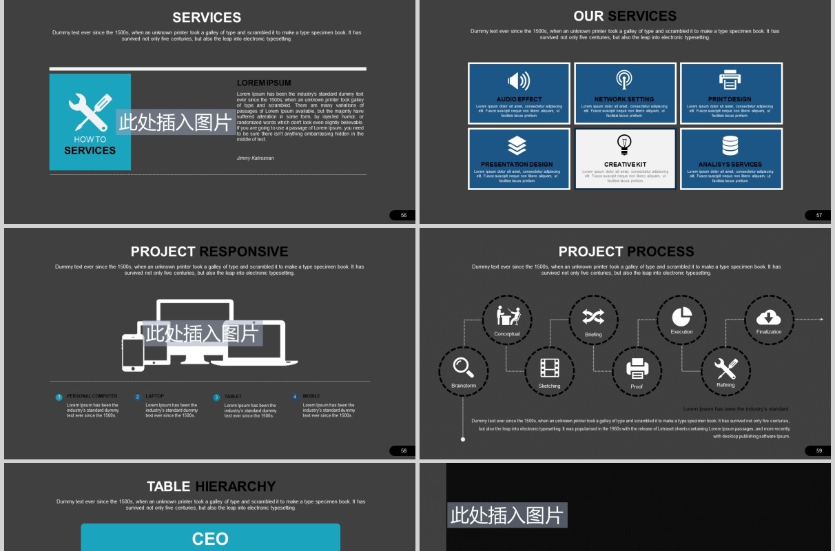 深色公司项目宣传介绍可视化图表PPT图片排版设计模板Bentoro Powerpoint