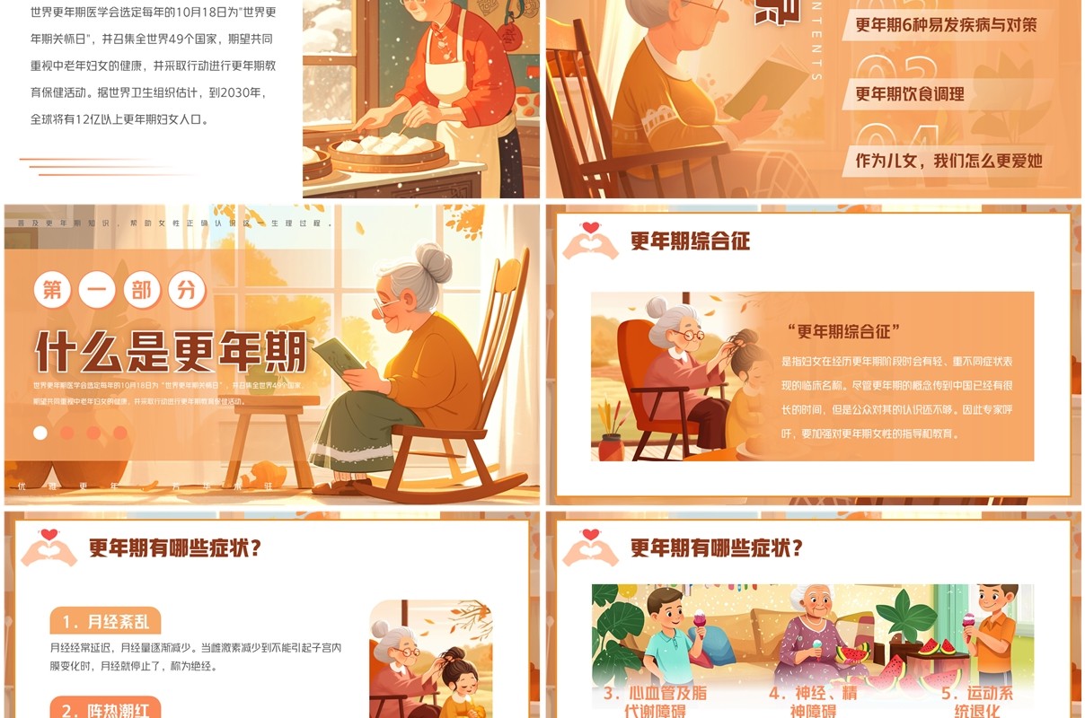 橙色插画风世界更年期关怀日介绍PPT模板