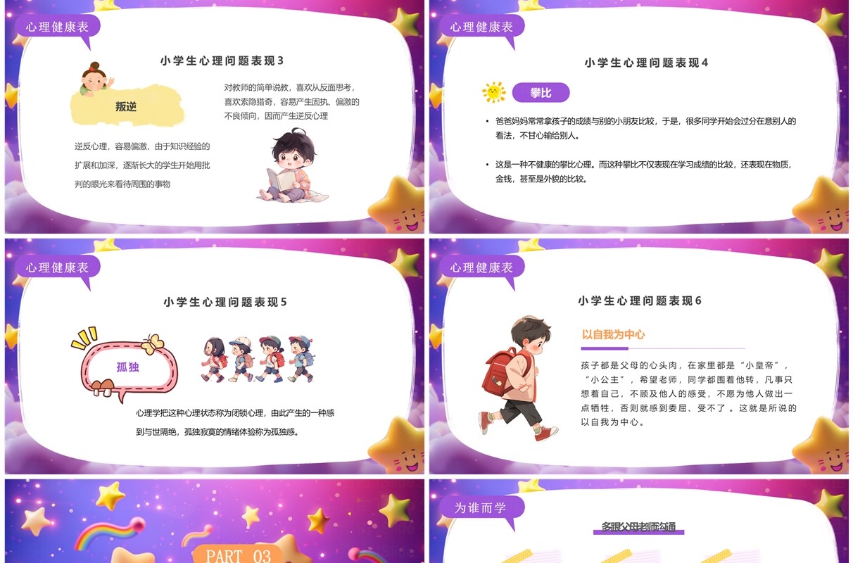 紫色插画风小学生心理健康讲座PPT模板