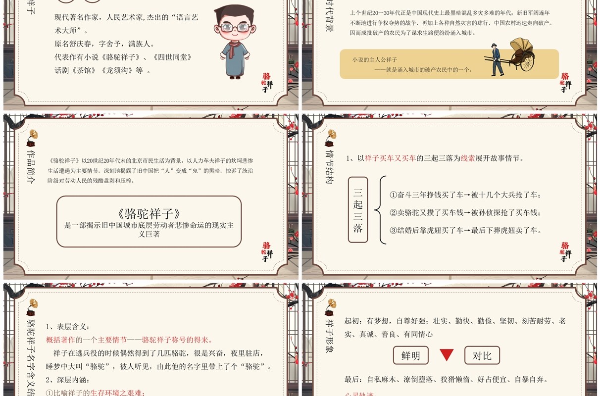 黄色插画风骆驼祥子语文课件PPT模板