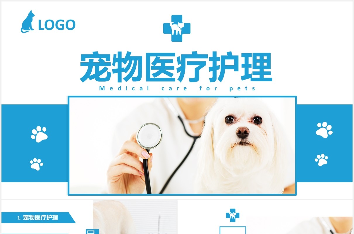 蓝色简约宠物医疗护理介绍宣传培训PPT模板