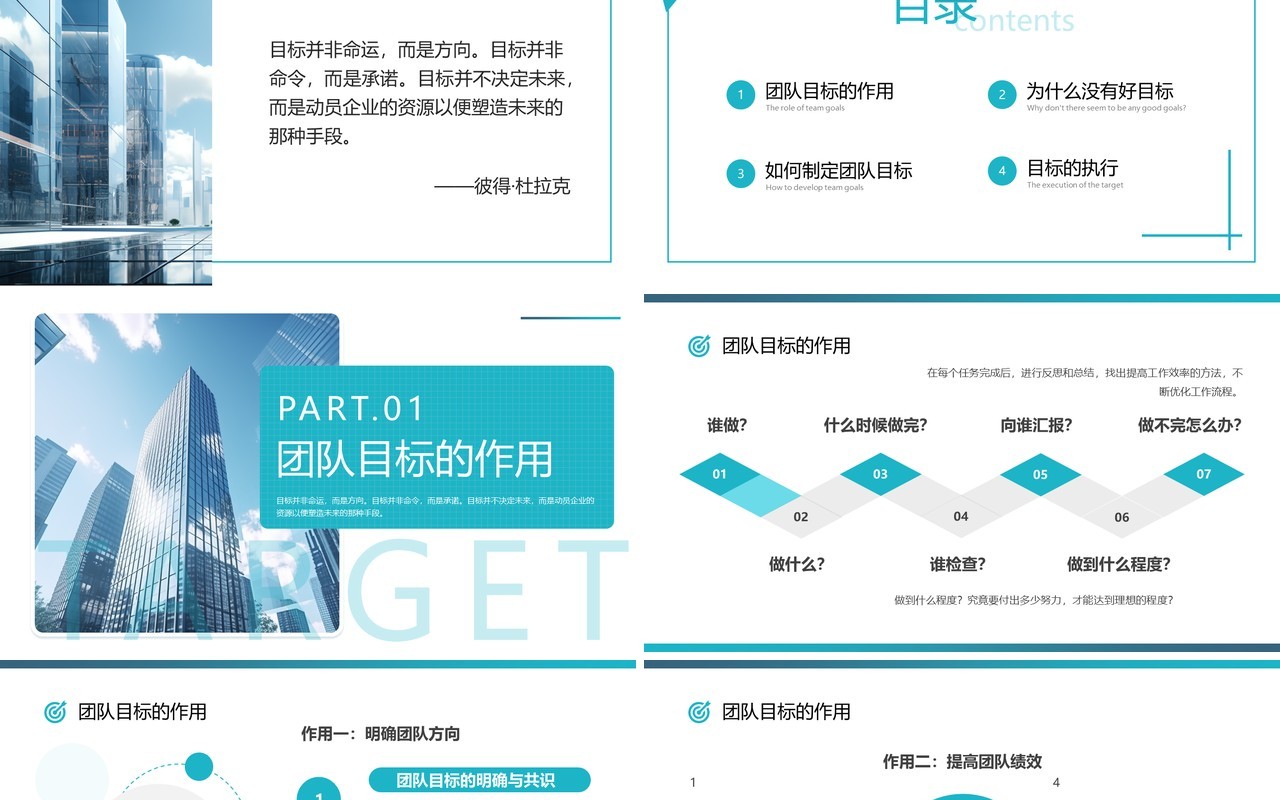 蓝色简约风团队协作目标合作PPT模板