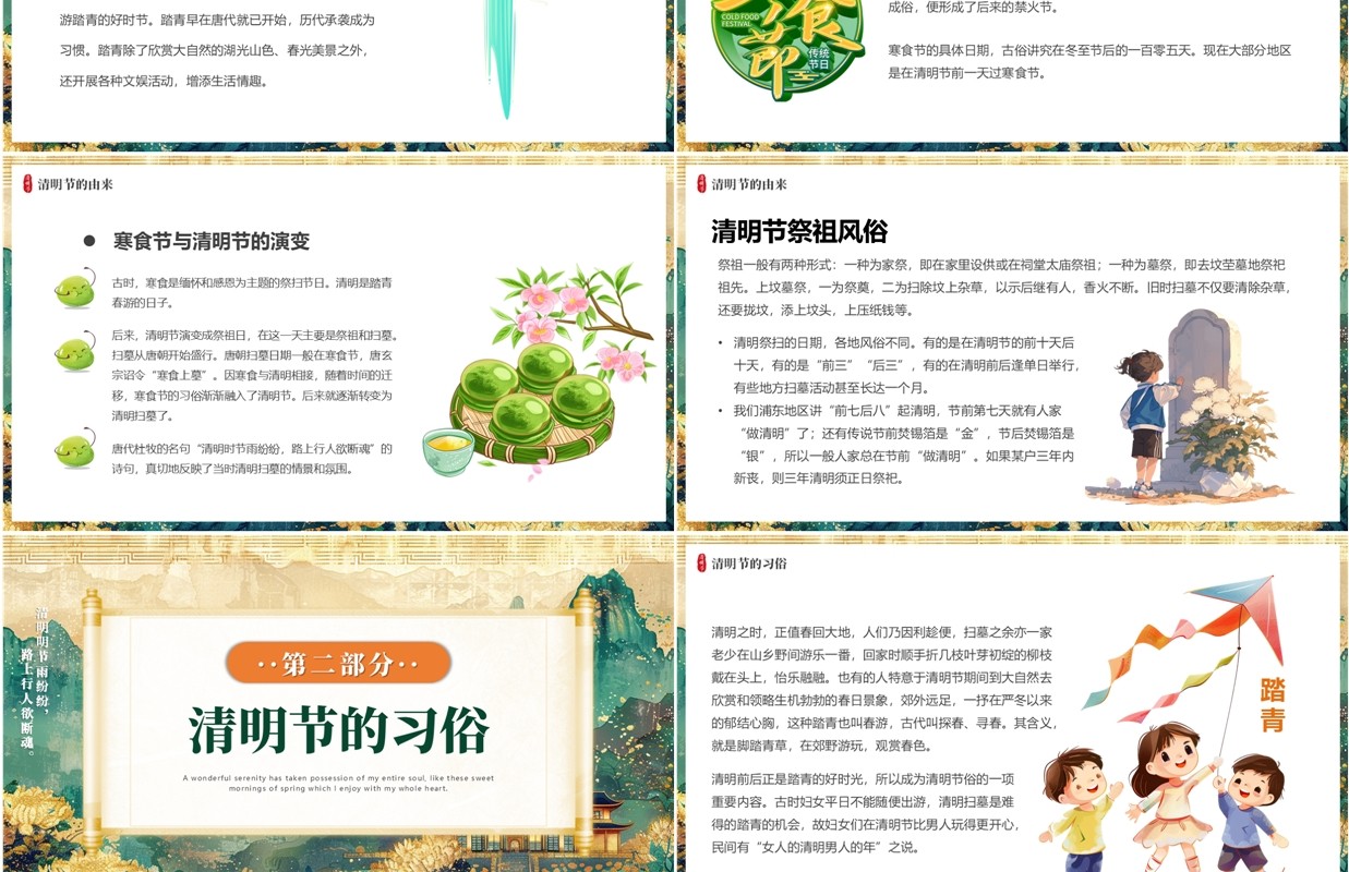 绿色插画风清明节节日习俗介绍PPT模板