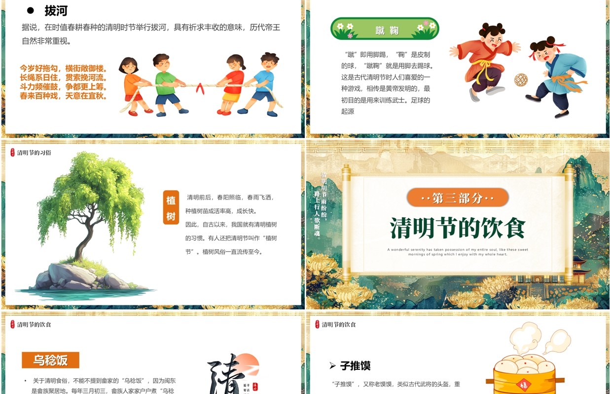 绿色插画风清明节节日习俗介绍PPT模板