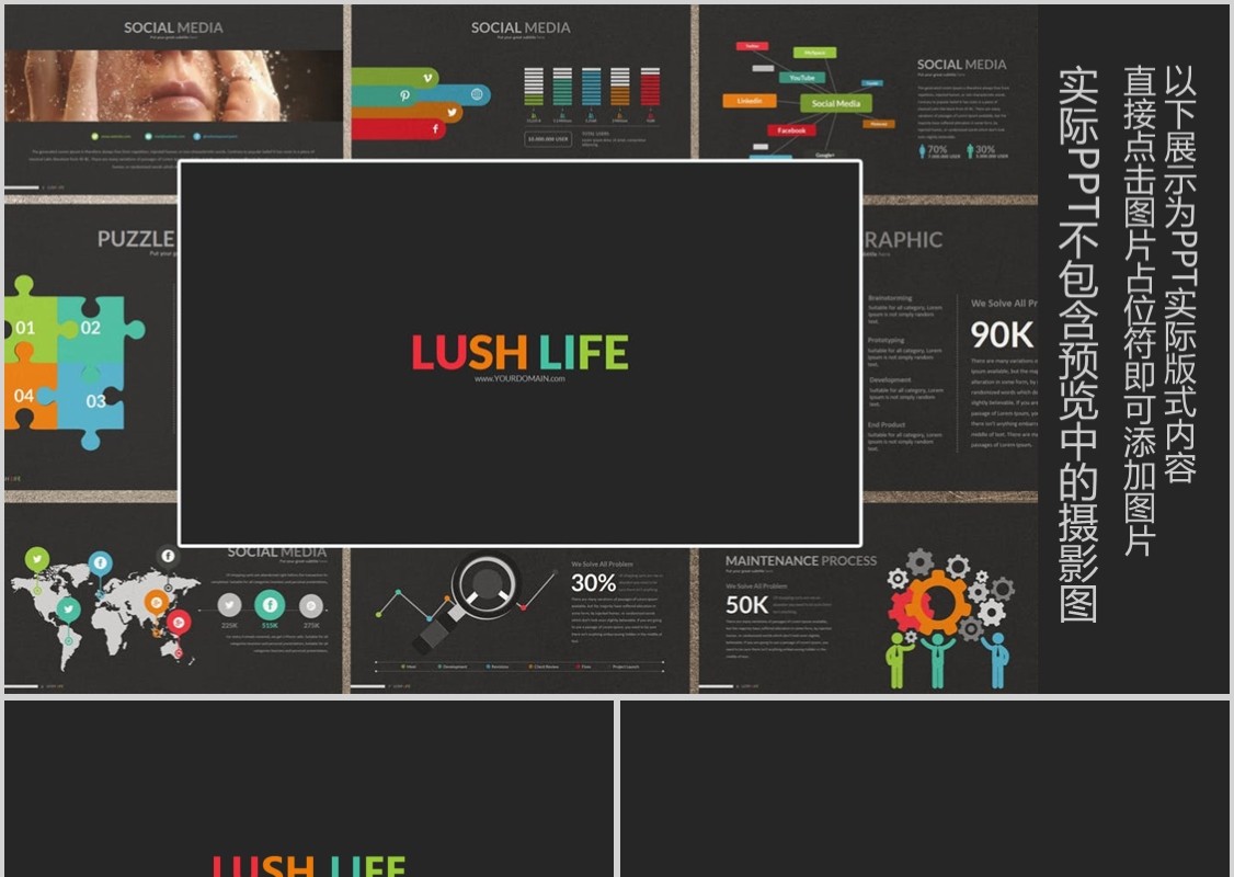 实用工作通用PPT拼图信息图表模板LUSH LIFE Powerpoint