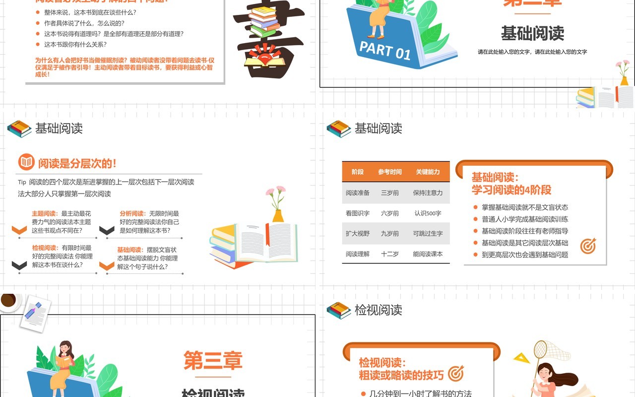 卡通风读书分享如何阅读一本书PPT模板