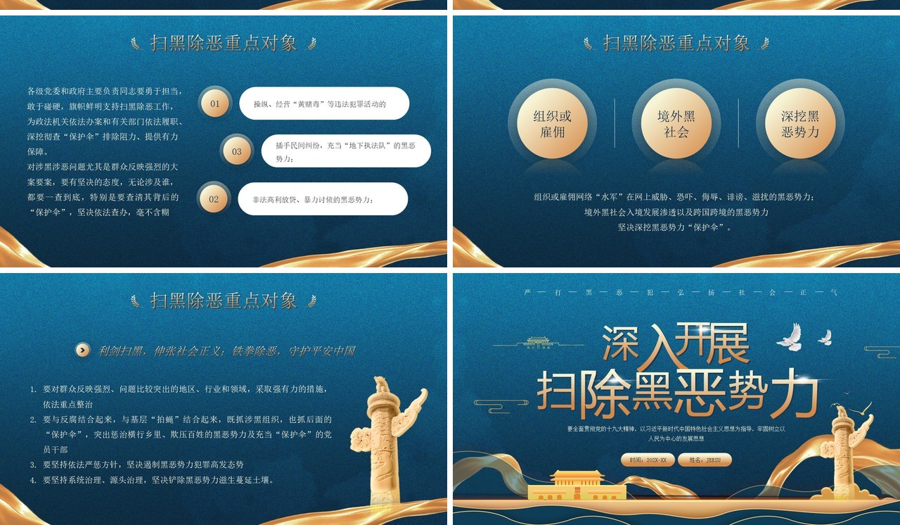 蓝金简约风深入开展扫除黑恶势力PPT模板