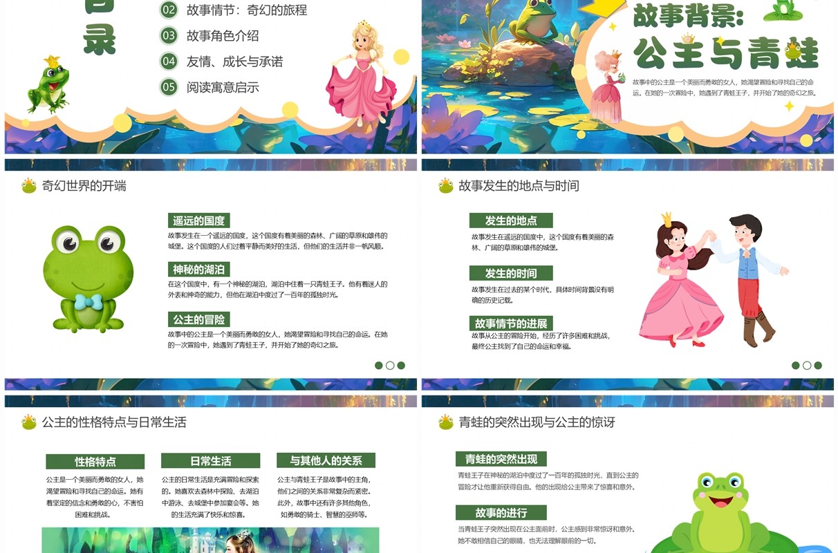 绿色卡通风童话绘本故事青蛙王子PPT模板