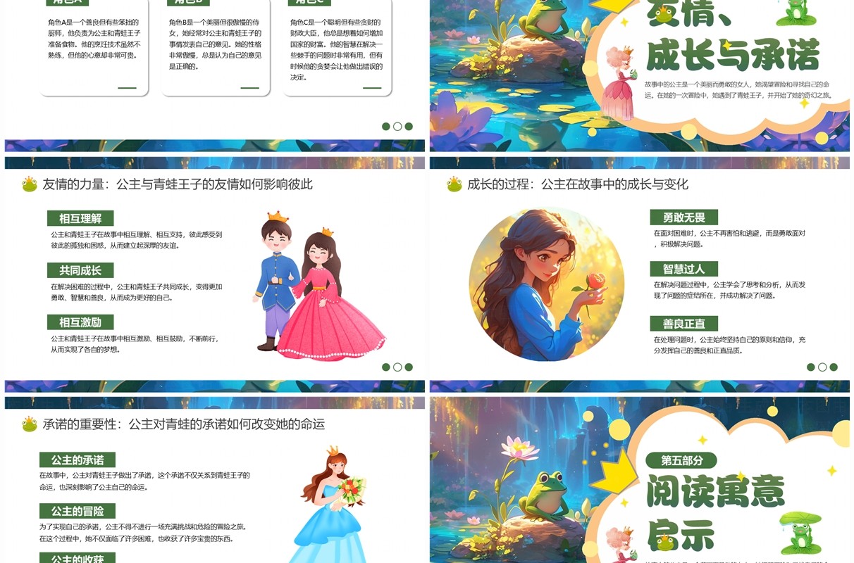 绿色卡通风童话绘本故事青蛙王子PPT模板