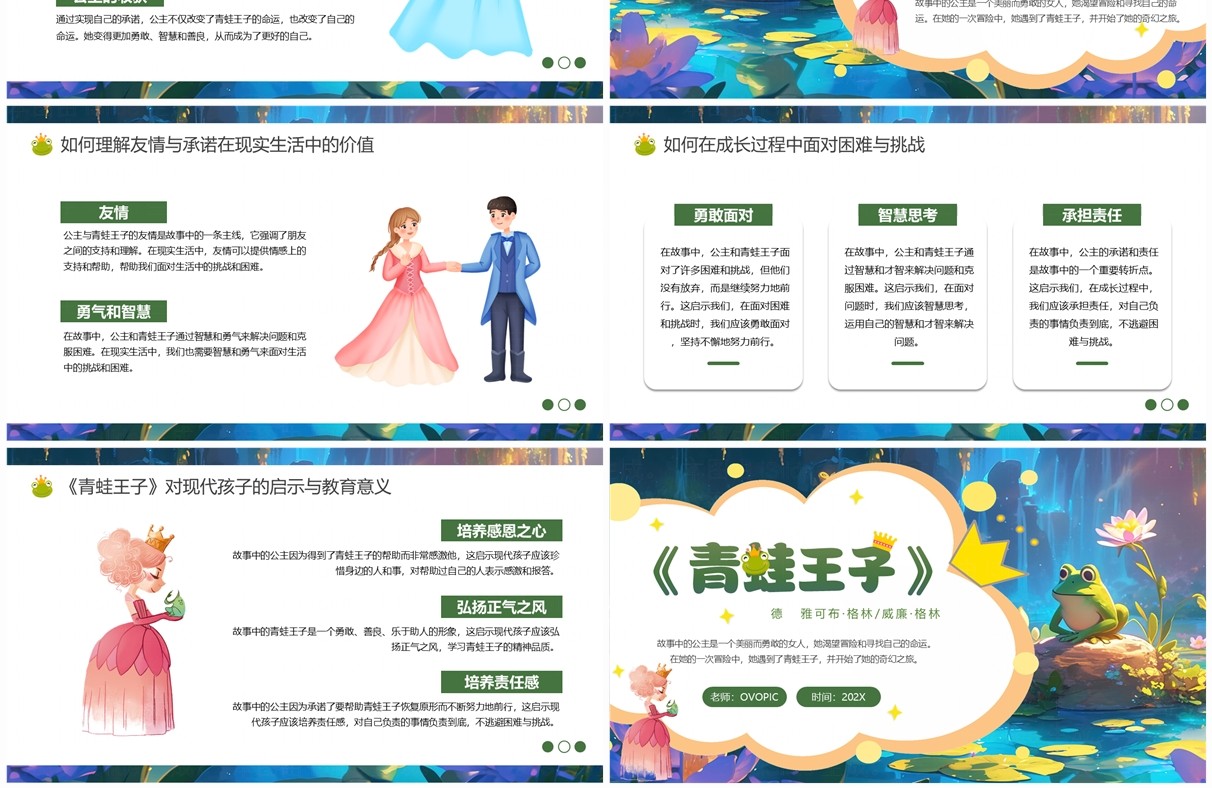 绿色卡通风童话绘本故事青蛙王子PPT模板
