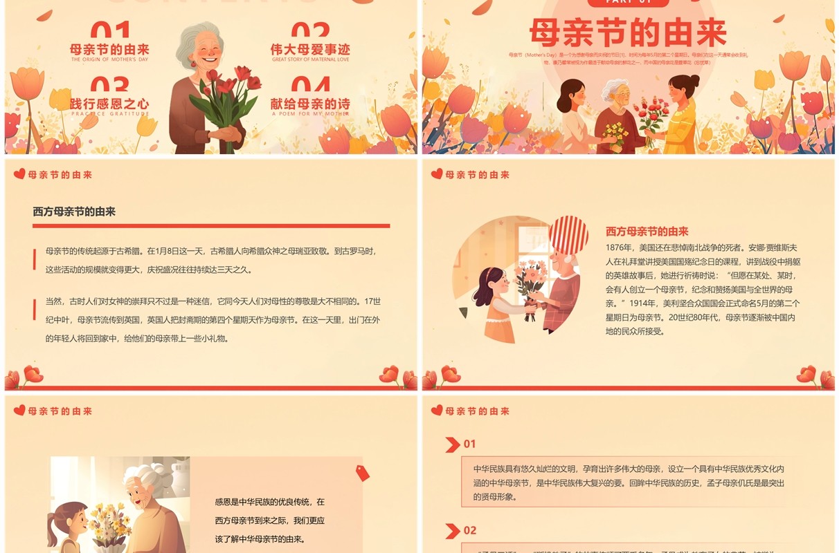 黄色插画风母亲节介绍PPT模板