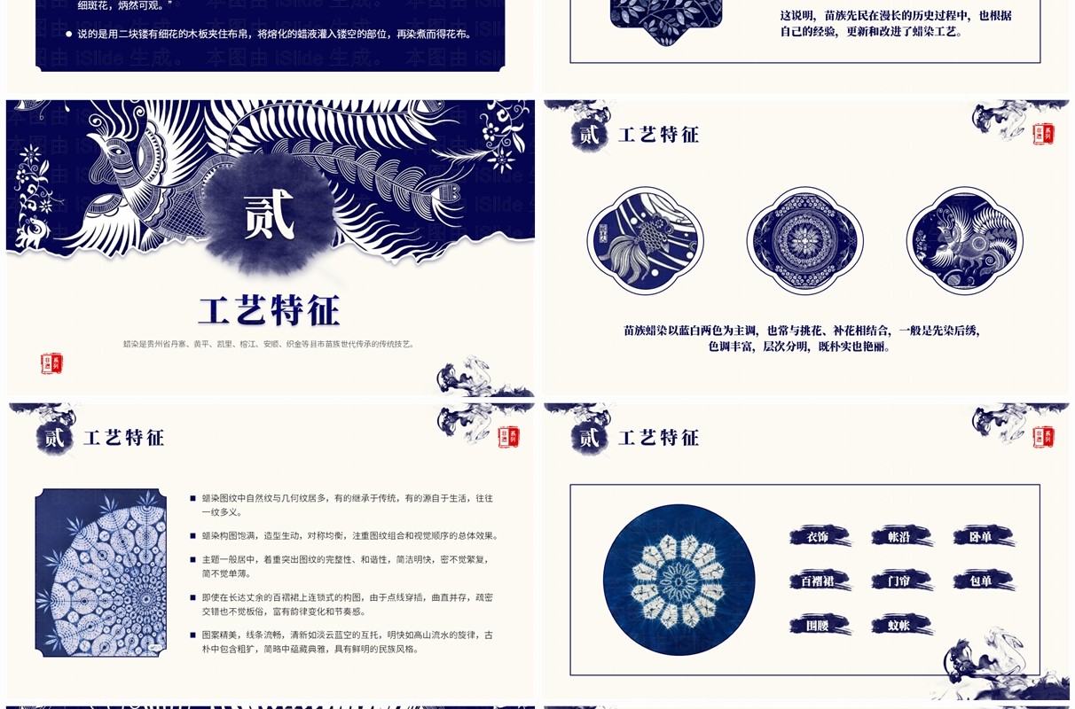 蓝色中国风非遗文化系列之苗族蜡染PPT模板