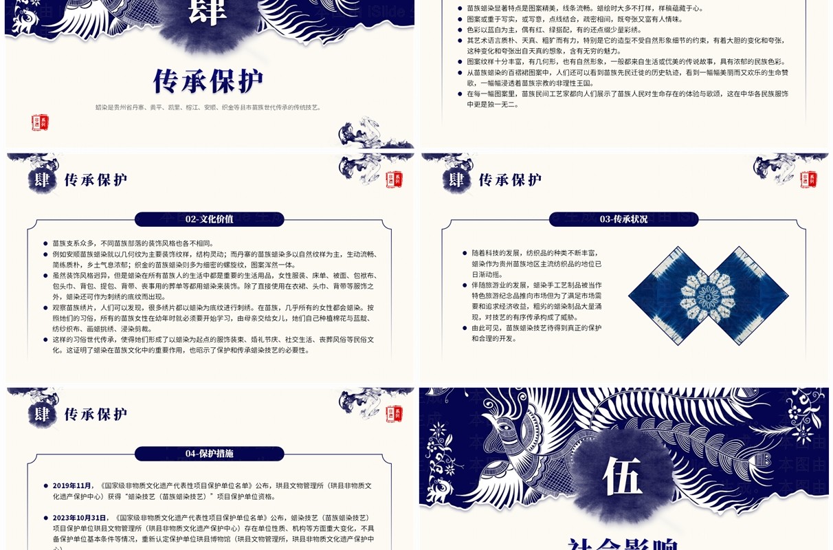 蓝色中国风非遗文化系列之苗族蜡染PPT模板