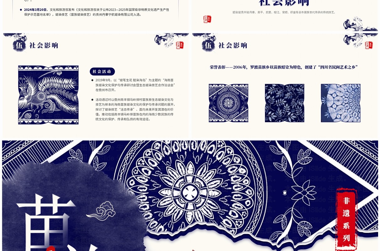 蓝色中国风非遗文化系列之苗族蜡染PPT模板