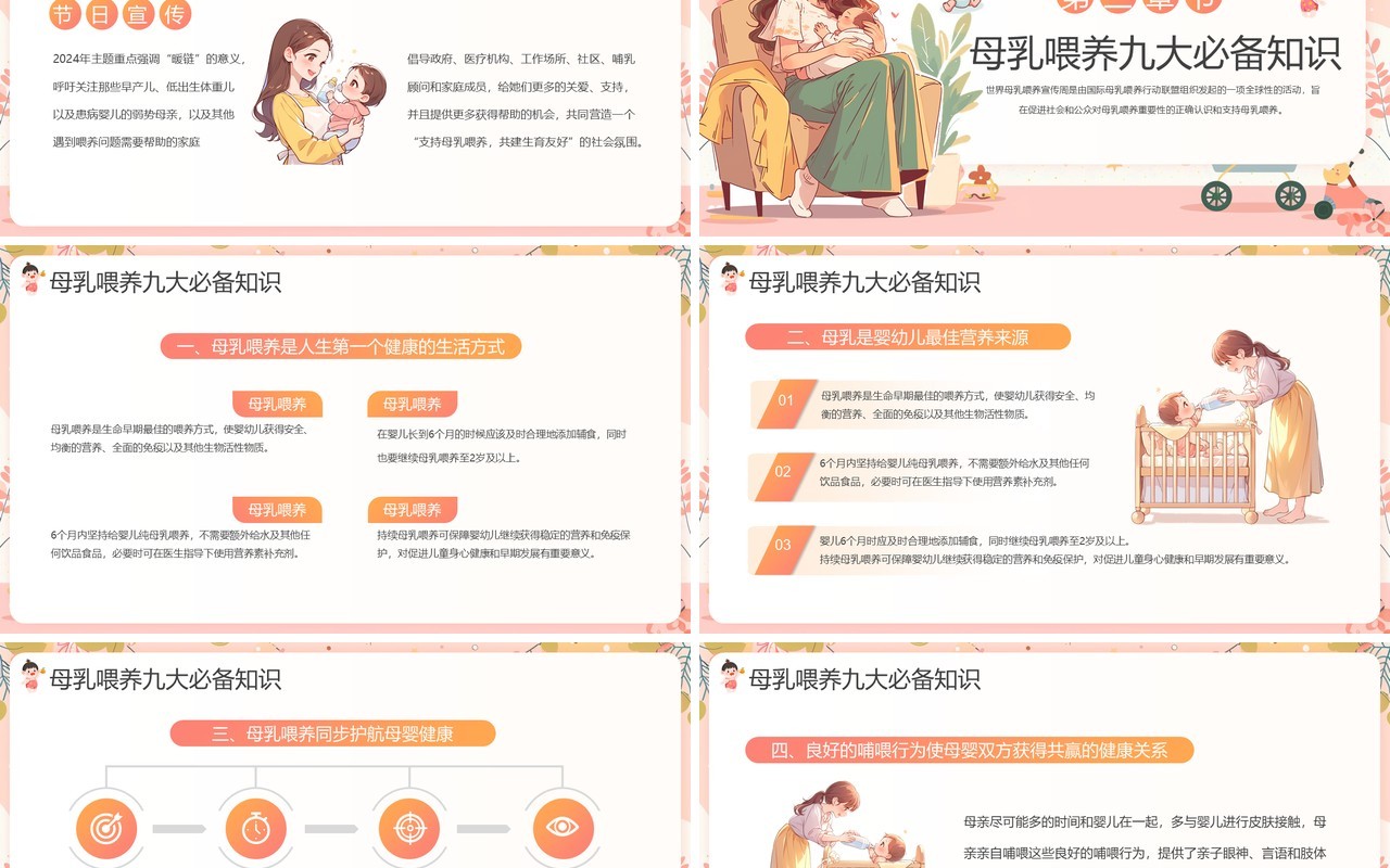 橙色清新卡通风世界母乳喂养周PPT模板