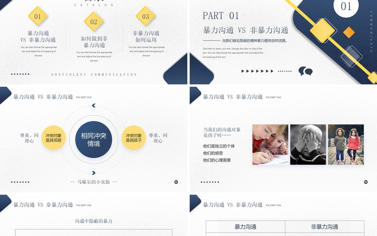 蓝黄几何简约风非暴力沟通知识培训PPT模板