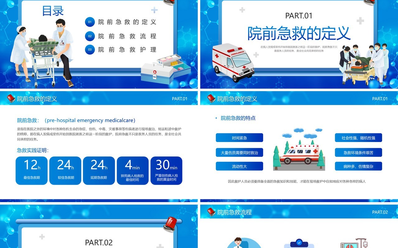 蓝色卡通风院前急救护理工作流程PPT模板