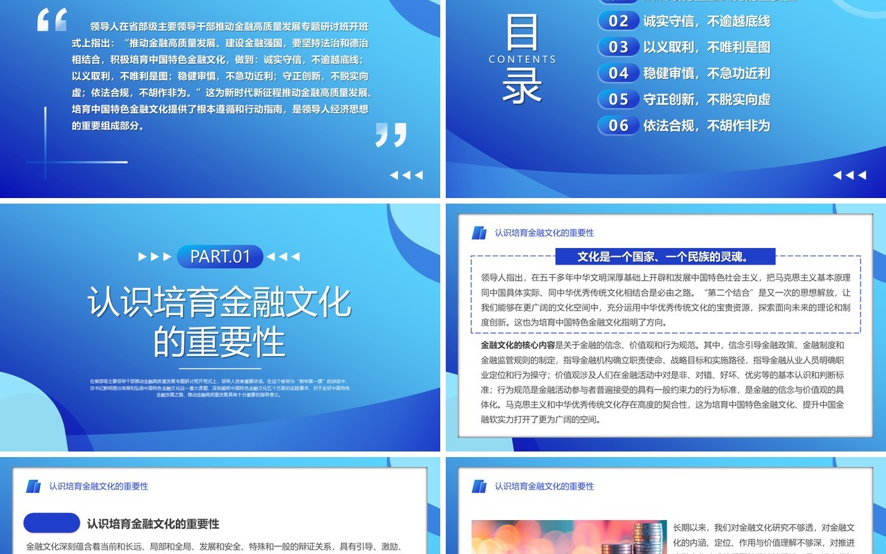 蓝色简约积极培育中国特色金融文化PPT模板