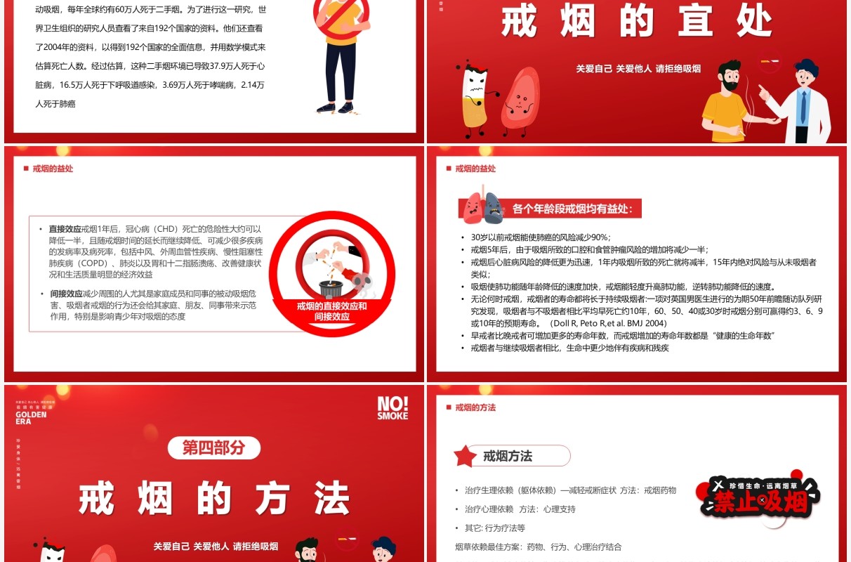 红色卡通风世界无烟日宣传教育PPT模板