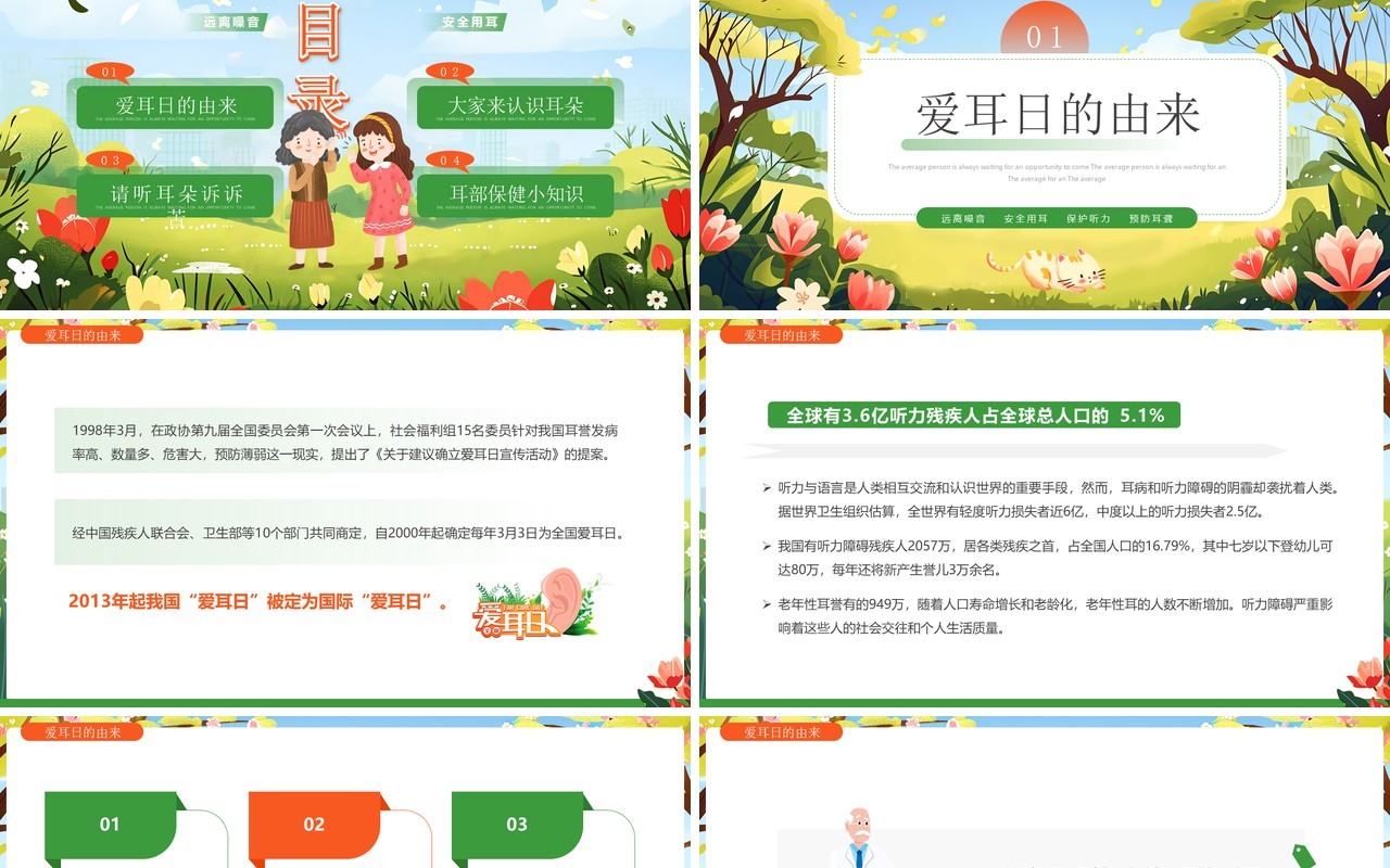 绿色卡通风全国爱耳日听力健康PPT模板