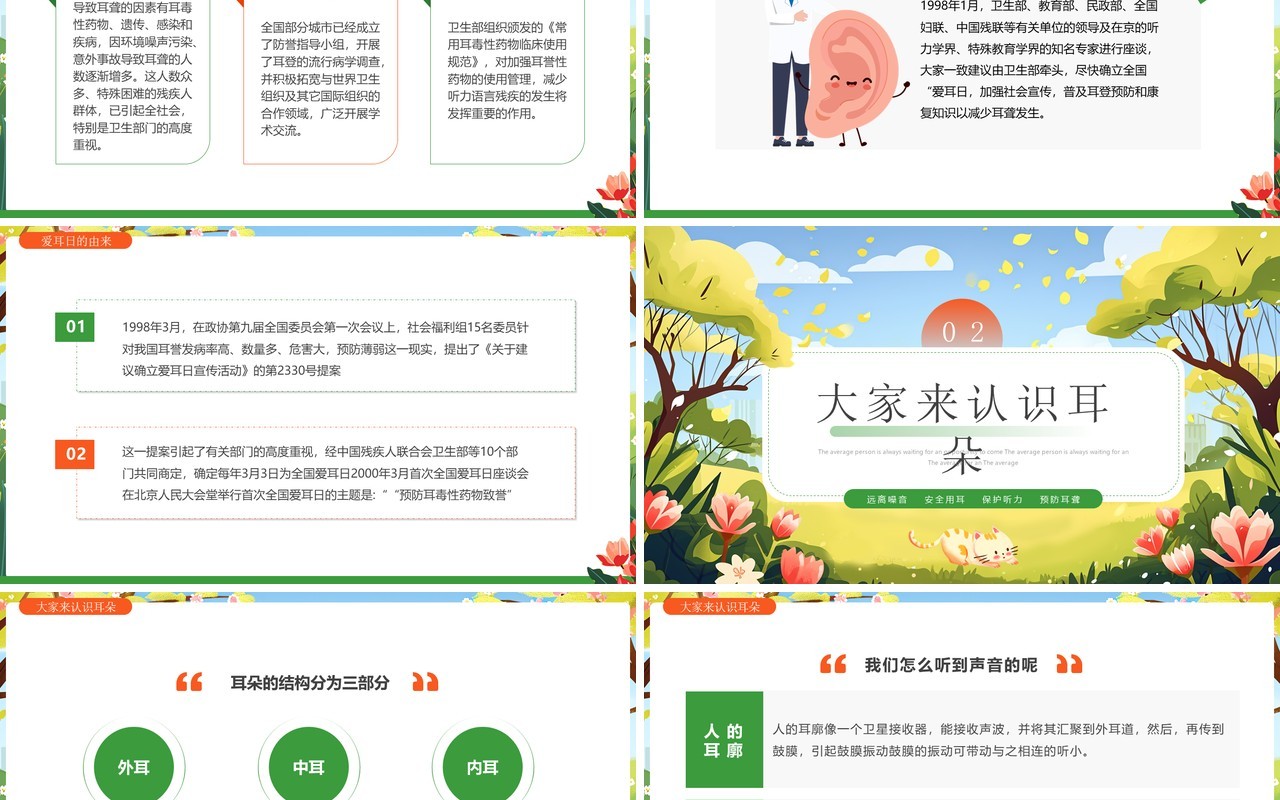 绿色卡通风全国爱耳日听力健康PPT模板