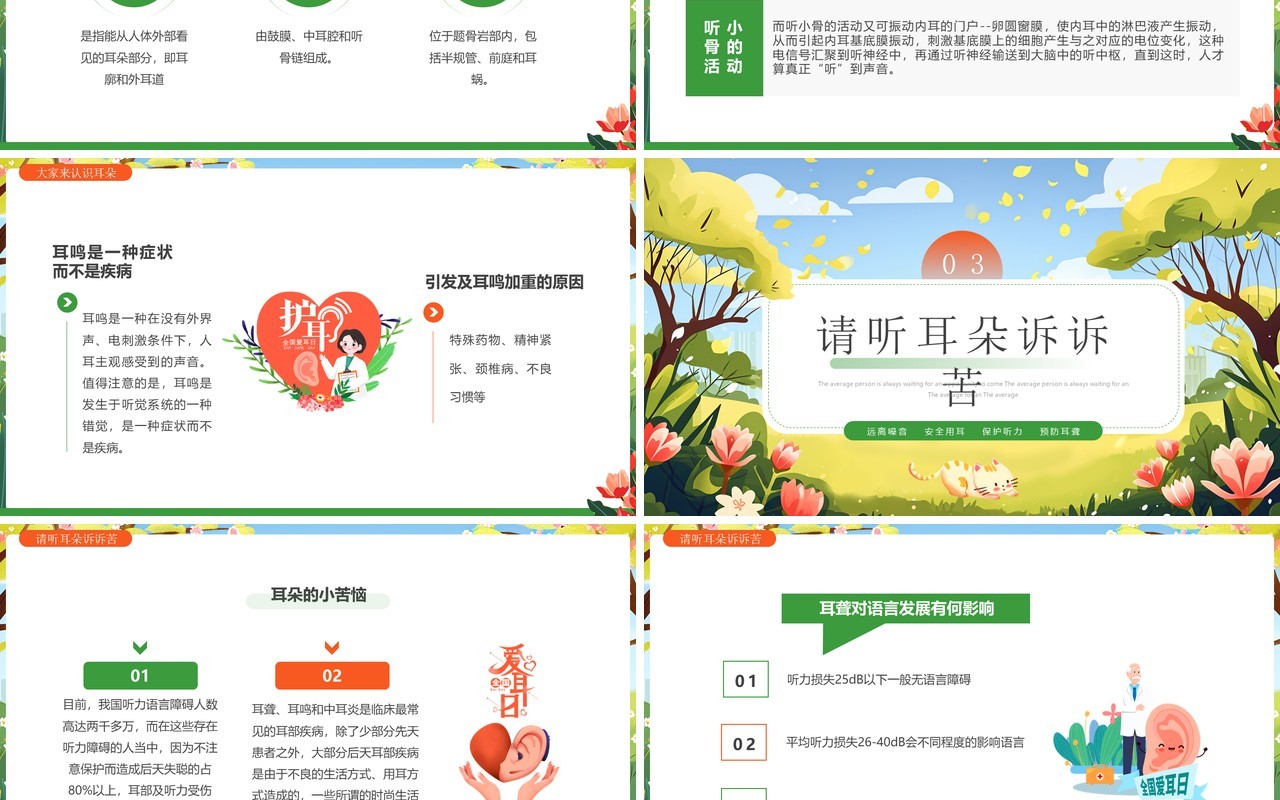 绿色卡通风全国爱耳日听力健康PPT模板