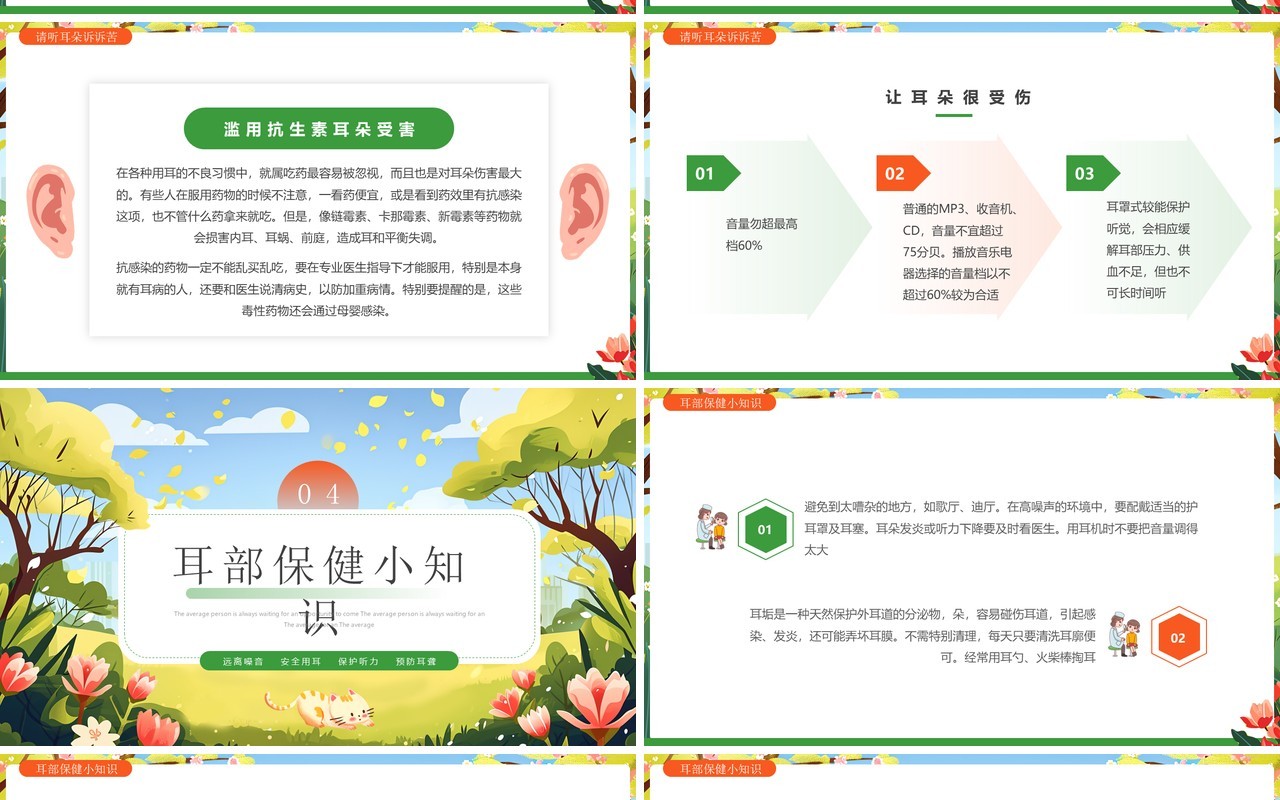 绿色卡通风全国爱耳日听力健康PPT模板