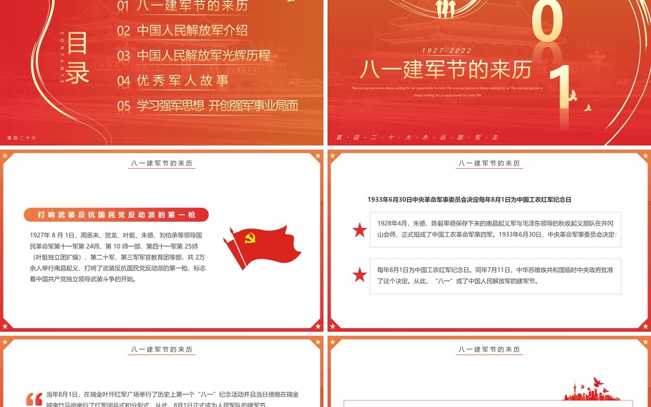 橙红渐变简约风铁血军魂扬我军威PPT模板