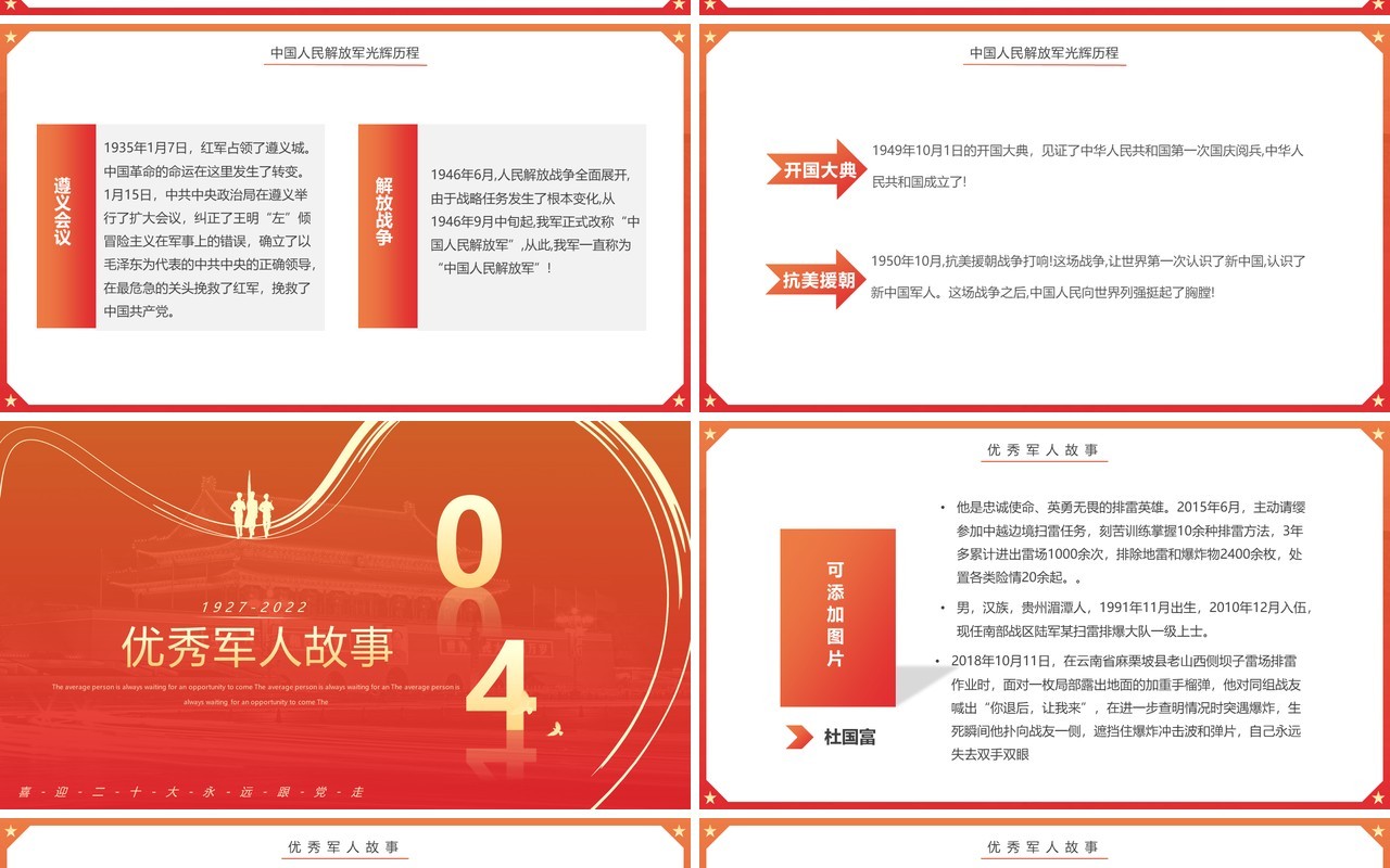 橙红渐变简约风铁血军魂扬我军威PPT模板