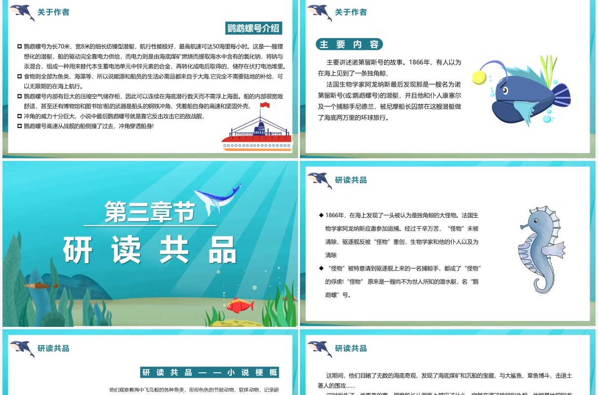 蓝色卡通儿童读物海底两万里PPT模板