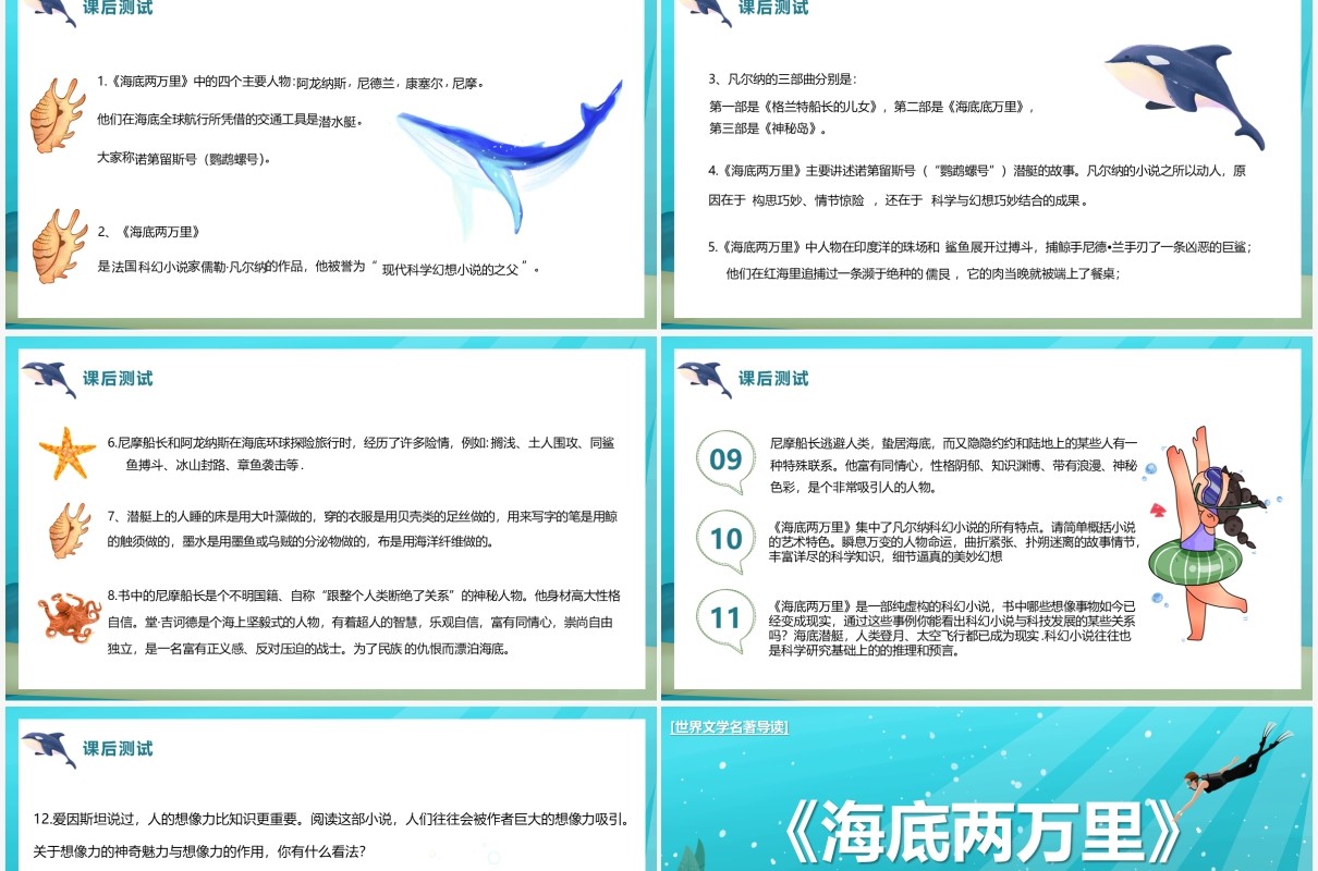 蓝色卡通儿童读物海底两万里PPT模板