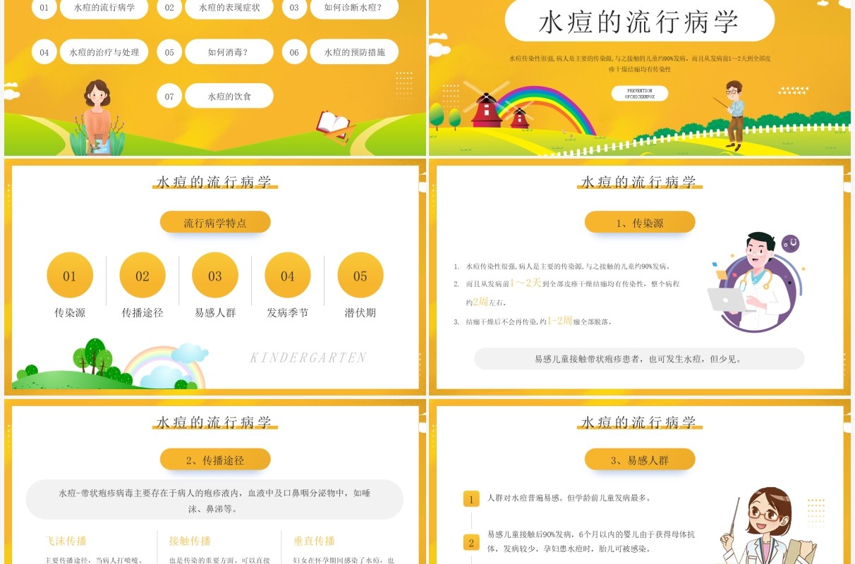 黄色卡通幼儿园预防水痘知识介绍PPT模板