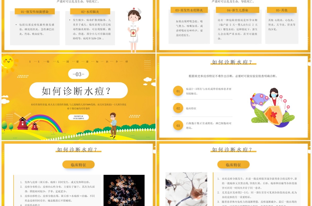 黄色卡通幼儿园预防水痘知识介绍PPT模板