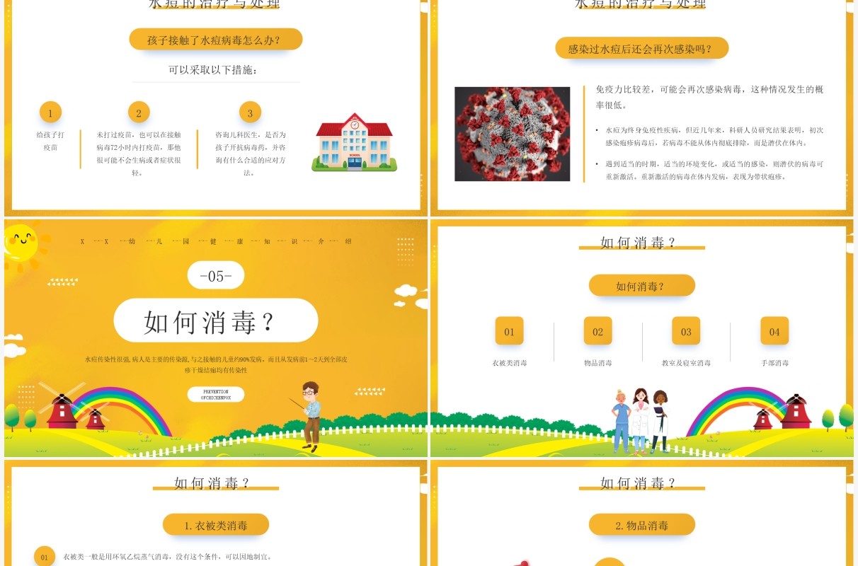 黄色卡通幼儿园预防水痘知识介绍PPT模板
