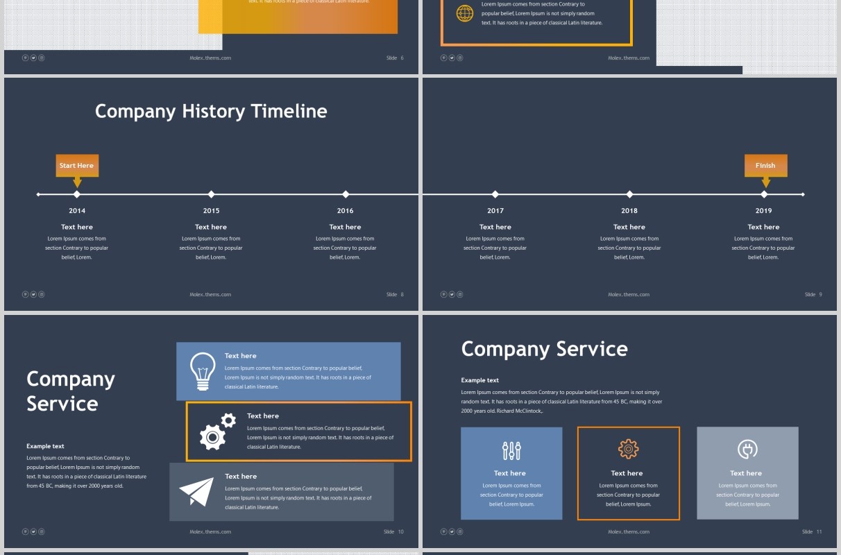 深色公司历程时间轴PPT信息图表版式模板Molex Powerpoint Template