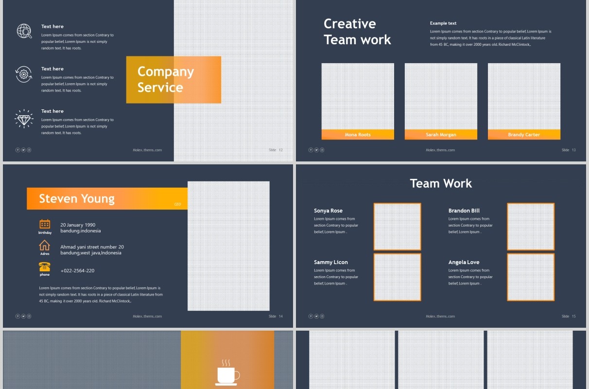 深色公司历程时间轴PPT信息图表版式模板Molex Powerpoint Template