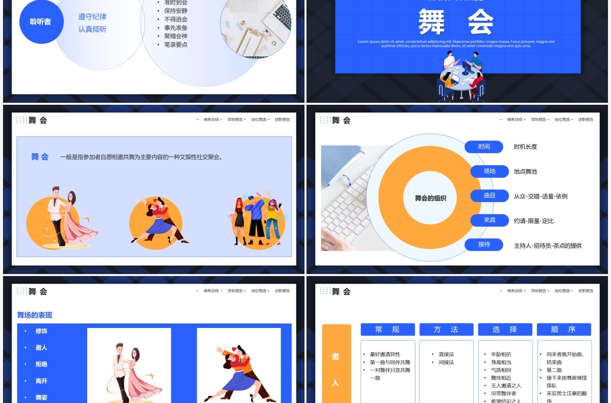 蓝色插画商务风聚会礼仪培训课件PPT模板