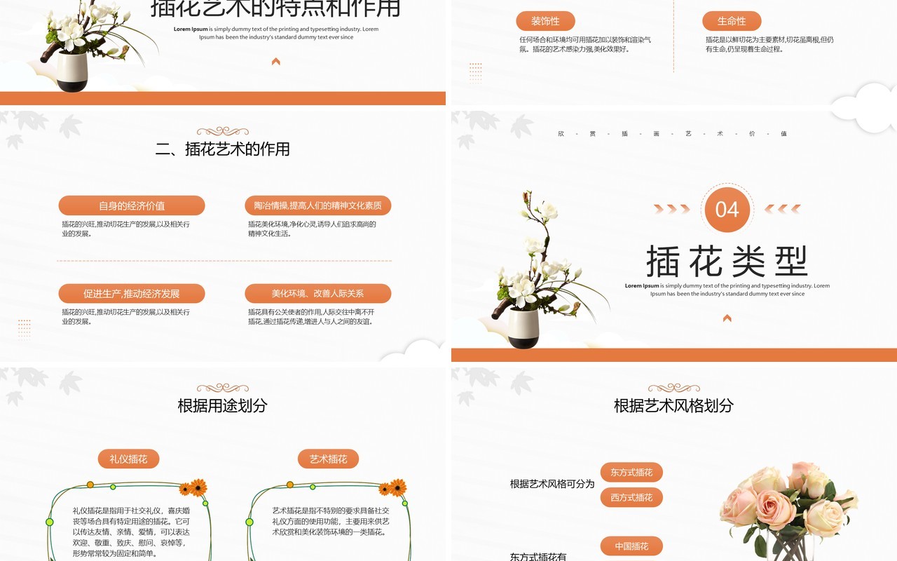 橙色清新风插花艺术培训PPT模板