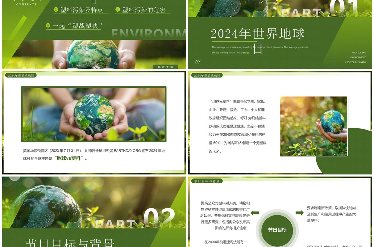 绿色简约风地球VS塑料携手行动世界地球日PPT模板